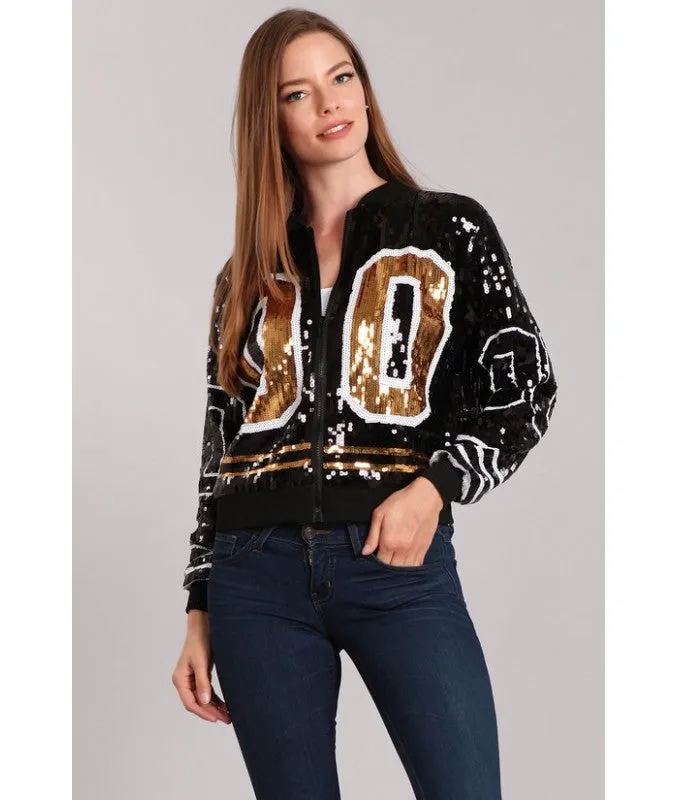 Black and Gold Sequin Numbered 00 Bomber Jacket By Poree's Embroidery