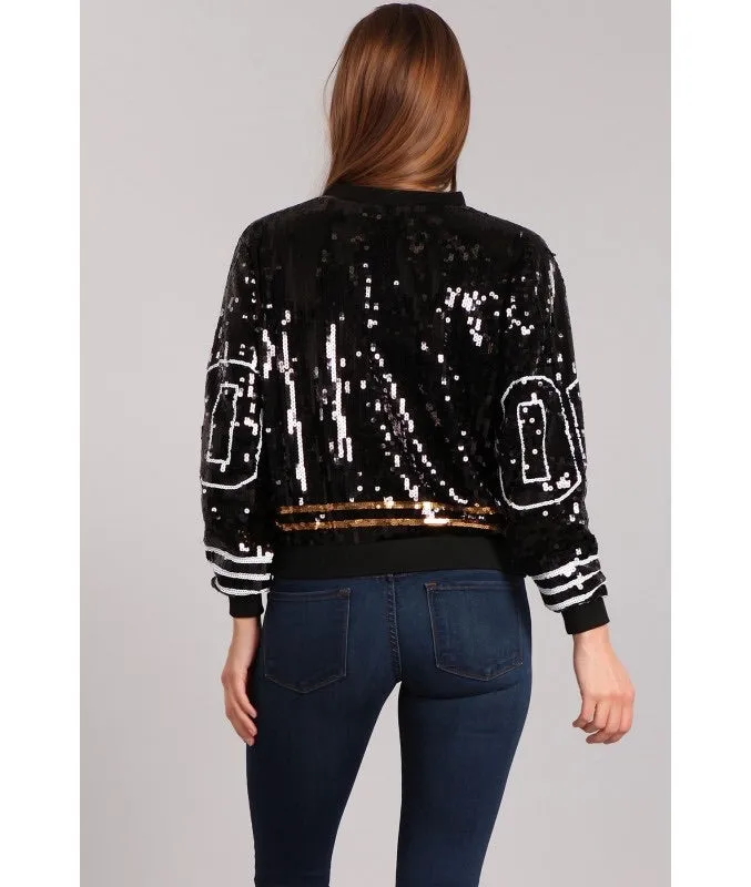 Black and Gold Sequin Numbered 00 Bomber Jacket By Poree's Embroidery