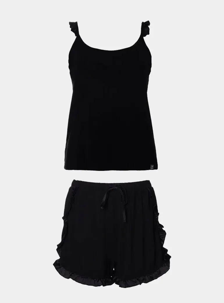 Black Bamboo Frill Cami Short Pyjama Set