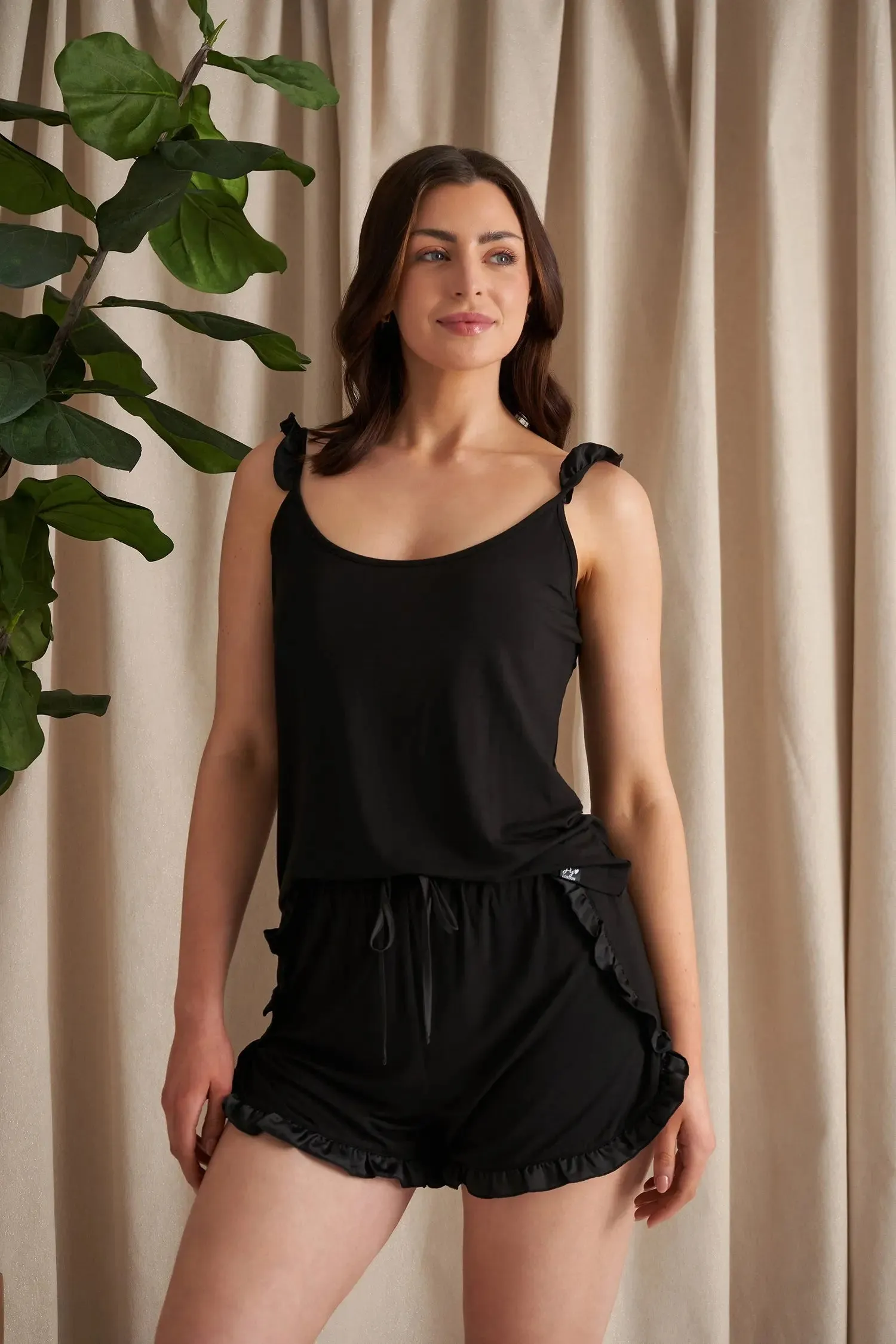 Black Bamboo Frill Cami Short Pyjama Set