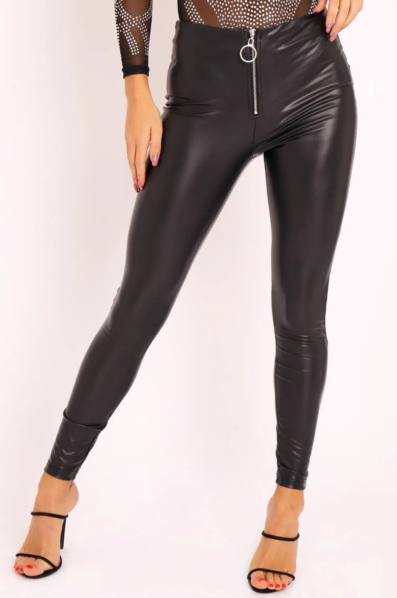 Black Faux Leather Ring Zip Leggings - Griffin