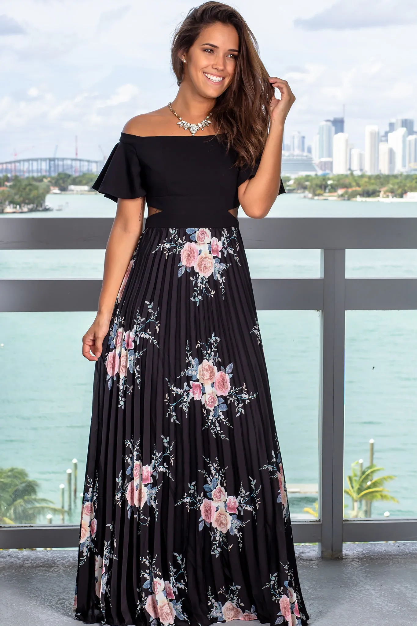 Black Floral Pleated Maxi Dress with Ruffle Sleeves