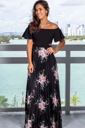 Black Floral Pleated Maxi Dress with Ruffle Sleeves