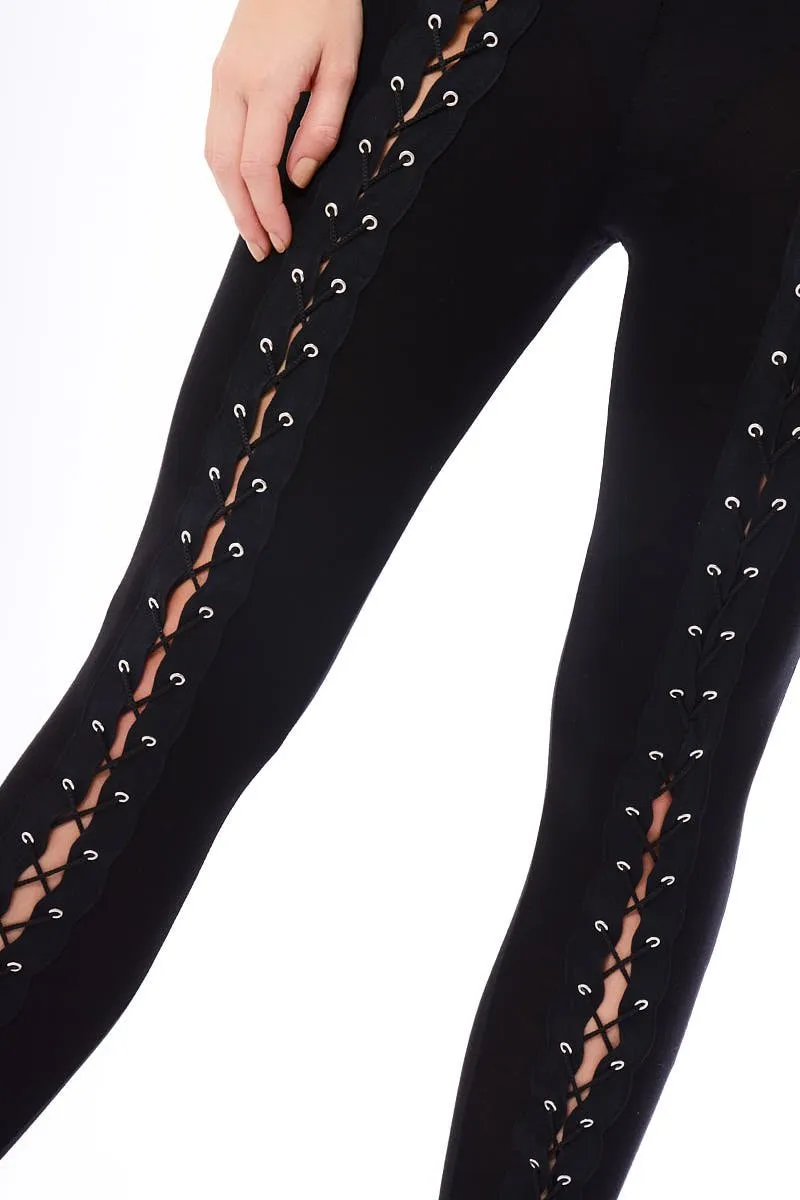 Black Lace Up Front Leggings - Tammie