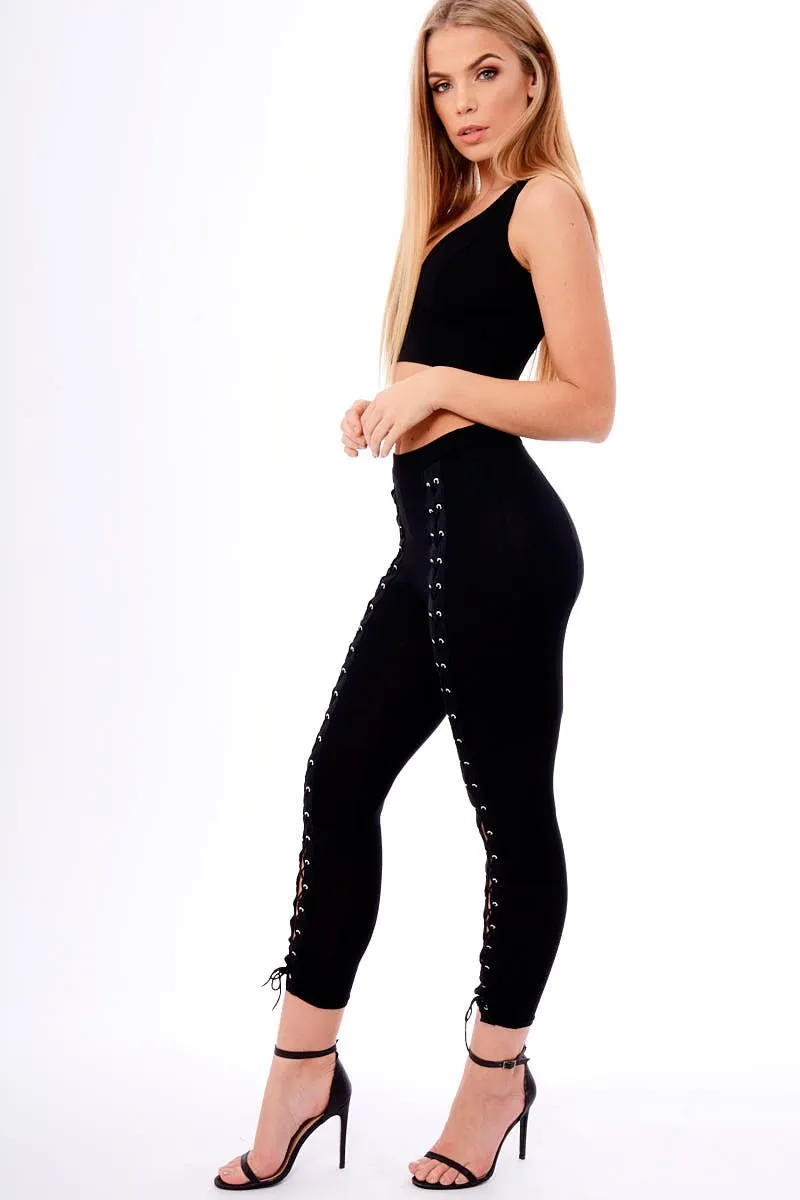 Black Lace Up Front Leggings - Tammie