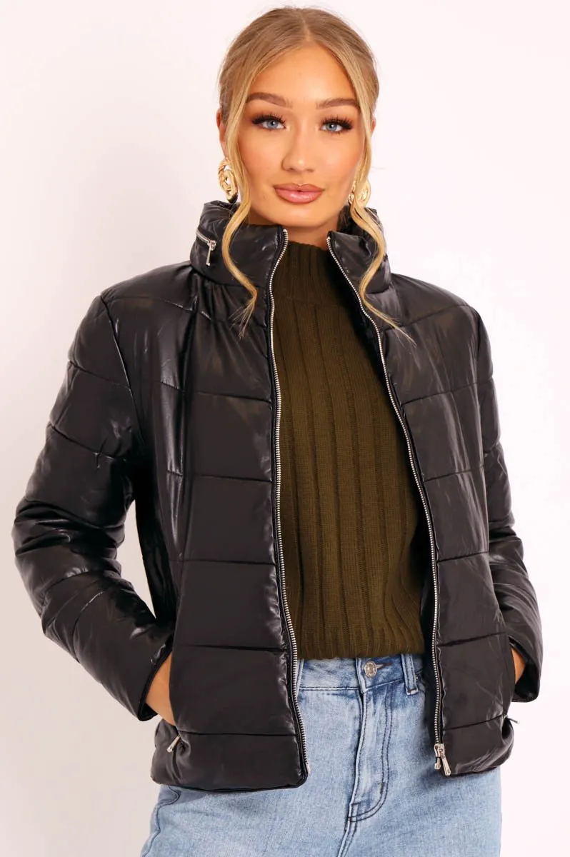 Black PU Leather Puffer Coat - Kobie