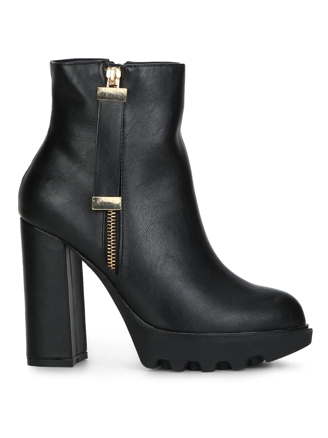 Black PU Side Zipper Block Heel Ankle Length Boots