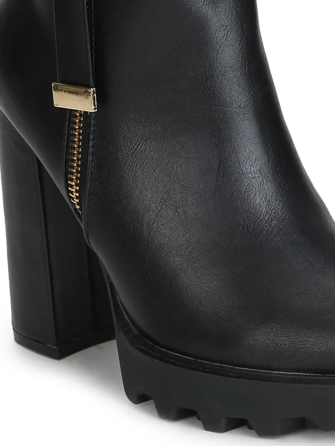 Black PU Side Zipper Block Heel Ankle Length Boots