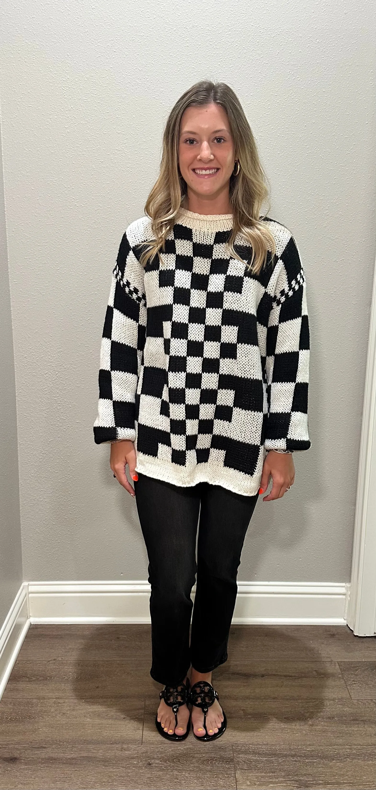 Black Vintage Checkered Chunky Sweater