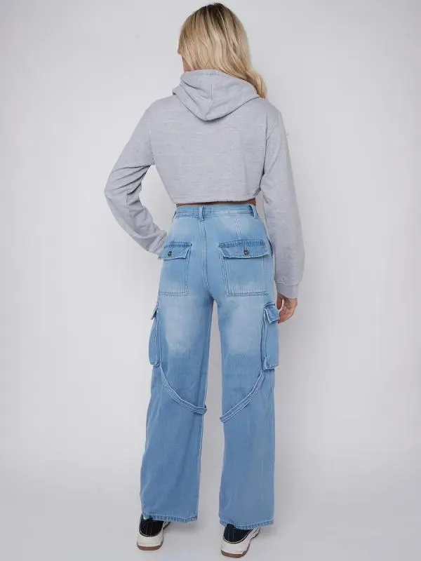 Blue DINO High Waist Wide Leg Cargo Jeans