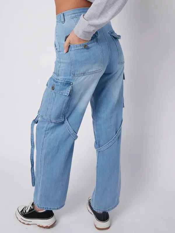 Blue DINO High Waist Wide Leg Cargo Jeans