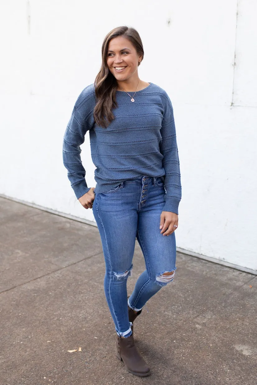 Blue Lightweight Pointelle Knit Sweater (SM-XL)