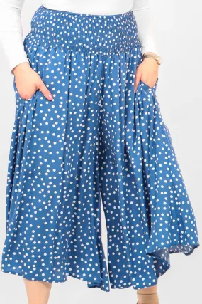 Blue Scattered Polka Dot Print Culottes