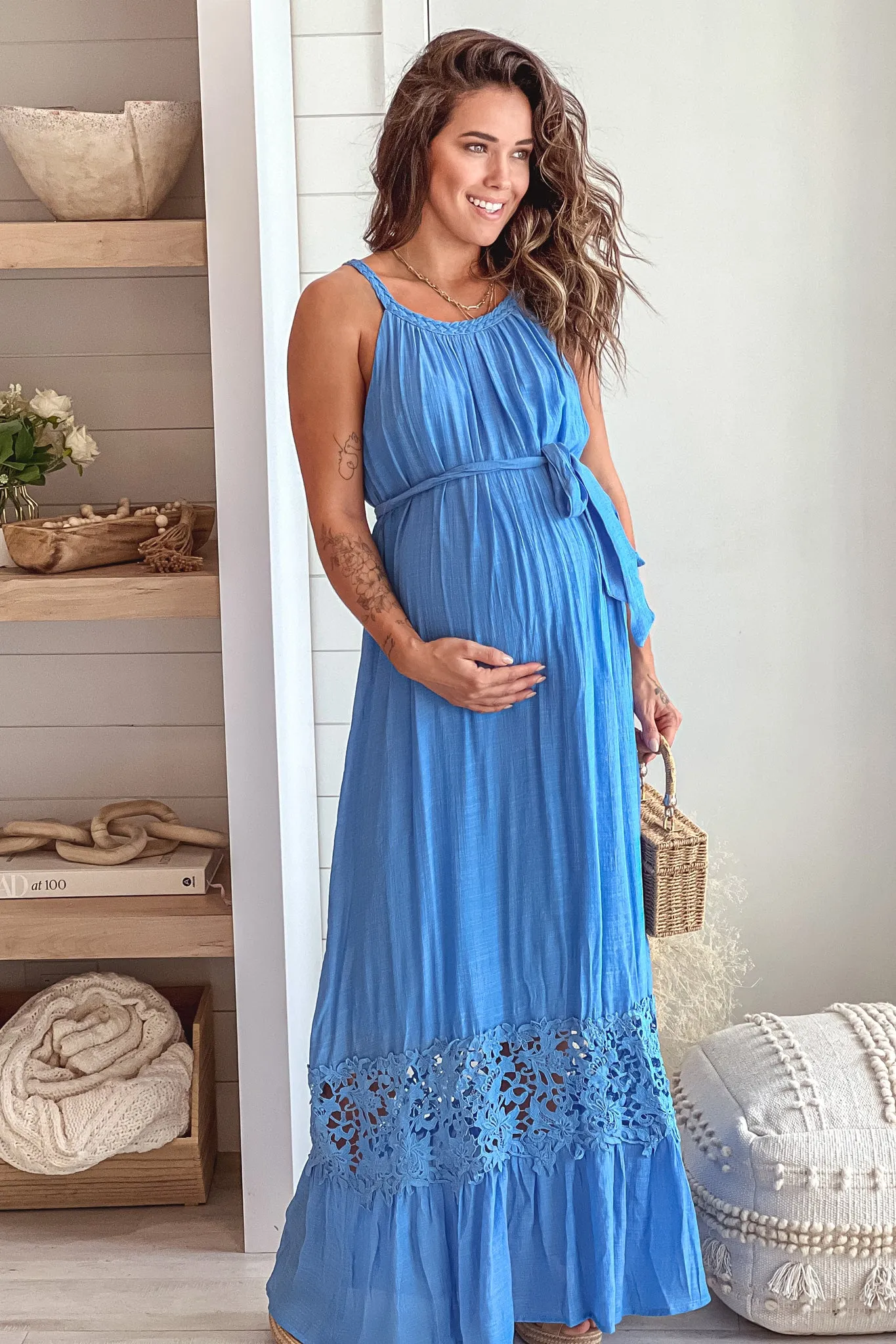 Blue Sleeveless Maternity Maxi Dress With Crochet Trim