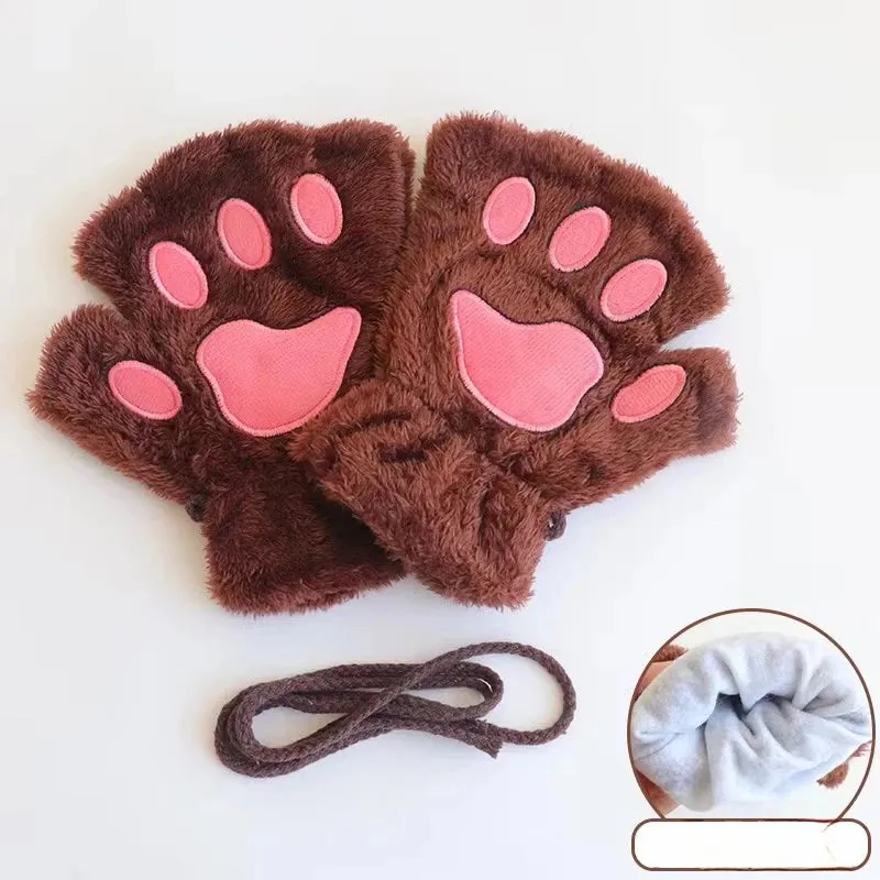 Bonnyshow Cartoon Cute Cat Claw Paw Gloves Women Plush Mittens Warm Soft Plush Short Fingerless Fluffy Bear Cat Gloves Costume Half Finger