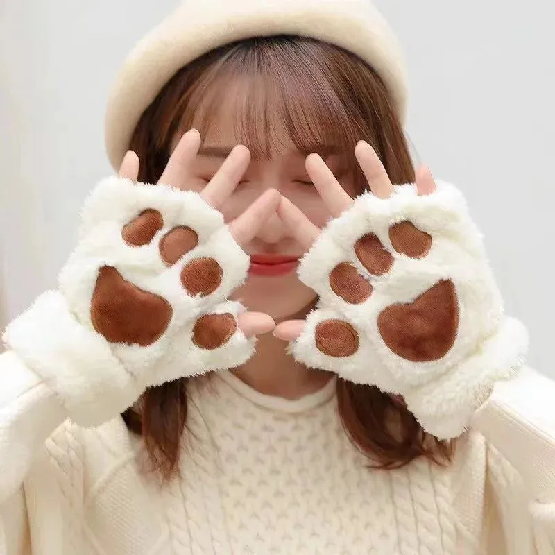 Bonnyshow Cartoon Cute Cat Claw Paw Gloves Women Plush Mittens Warm Soft Plush Short Fingerless Fluffy Bear Cat Gloves Costume Half Finger