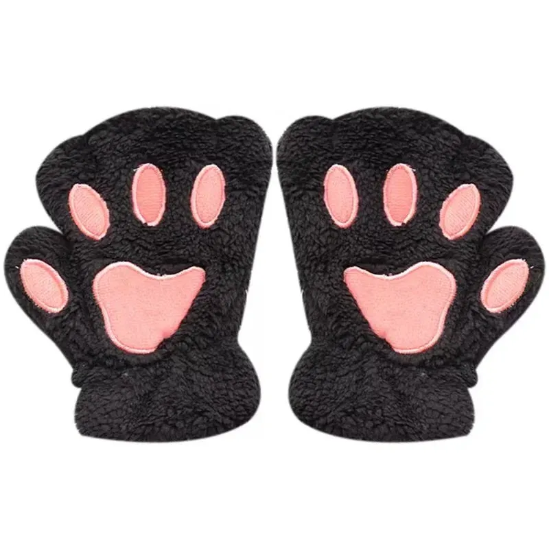 Bonnyshow Cartoon Cute Cat Claw Paw Gloves Women Plush Mittens Warm Soft Plush Short Fingerless Fluffy Bear Cat Gloves Costume Half Finger