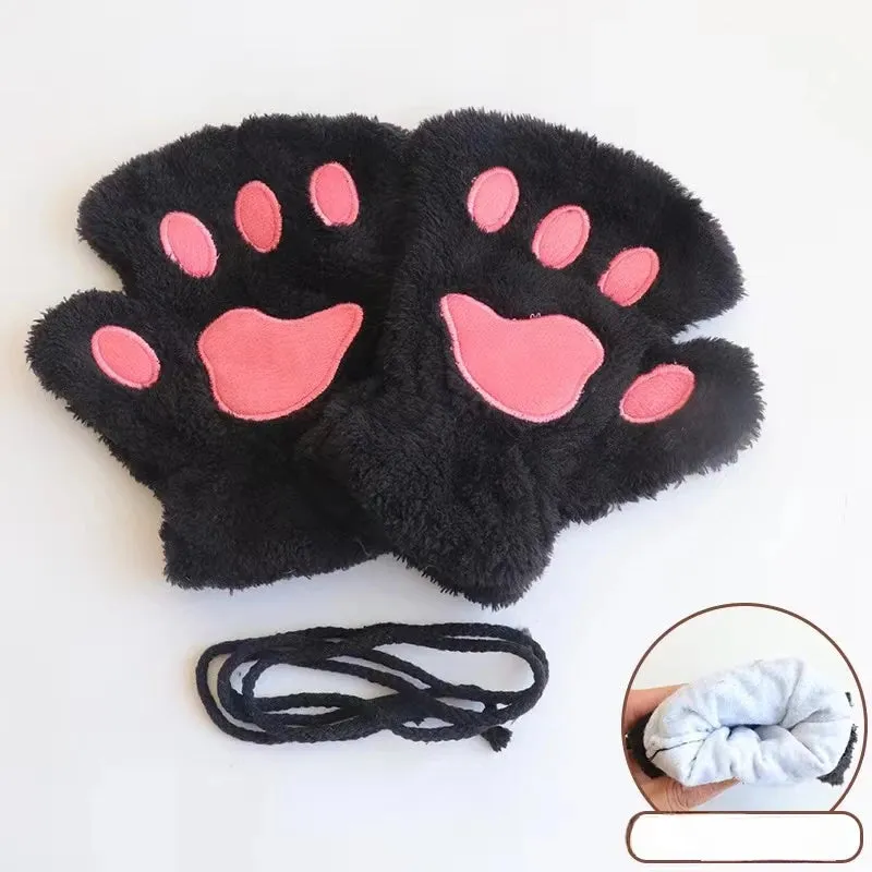 Bonnyshow Cartoon Cute Cat Claw Paw Gloves Women Plush Mittens Warm Soft Plush Short Fingerless Fluffy Bear Cat Gloves Costume Half Finger