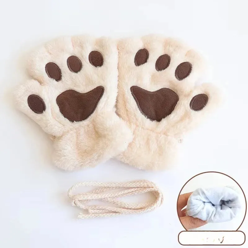 Bonnyshow Cartoon Cute Cat Claw Paw Gloves Women Plush Mittens Warm Soft Plush Short Fingerless Fluffy Bear Cat Gloves Costume Half Finger