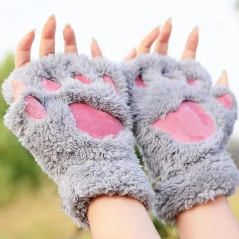 Bonnyshow Cartoon Cute Cat Claw Paw Gloves Women Plush Mittens Warm Soft Plush Short Fingerless Fluffy Bear Cat Gloves Costume Half Finger