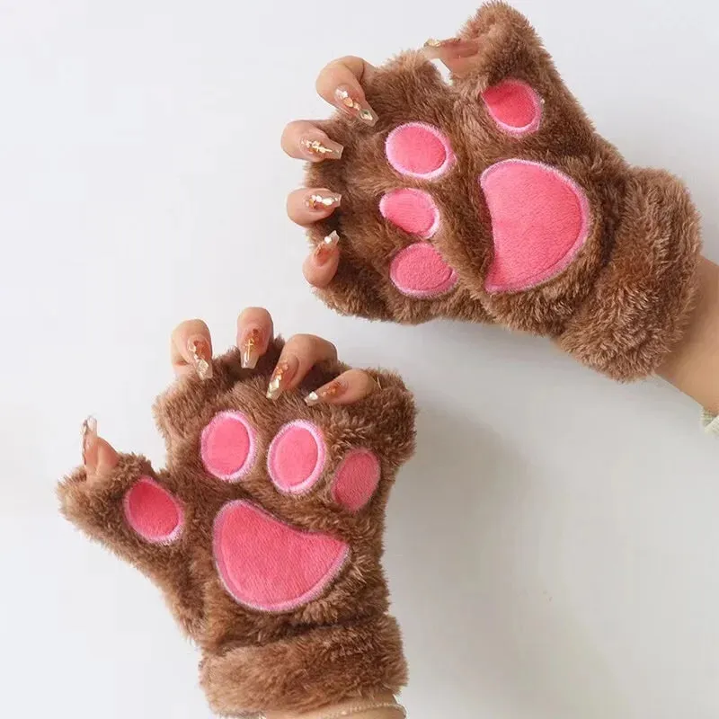 Bonnyshow Cartoon Cute Cat Claw Paw Gloves Women Plush Mittens Warm Soft Plush Short Fingerless Fluffy Bear Cat Gloves Costume Half Finger