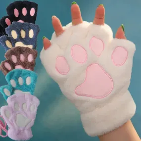 Bonnyshow Cartoon Cute Cat Claw Paw Gloves Women Plush Mittens Warm Soft Plush Short Fingerless Fluffy Bear Cat Gloves Costume Half Finger