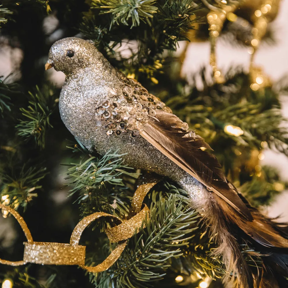 Brown & Silver Glass Feathered Bird