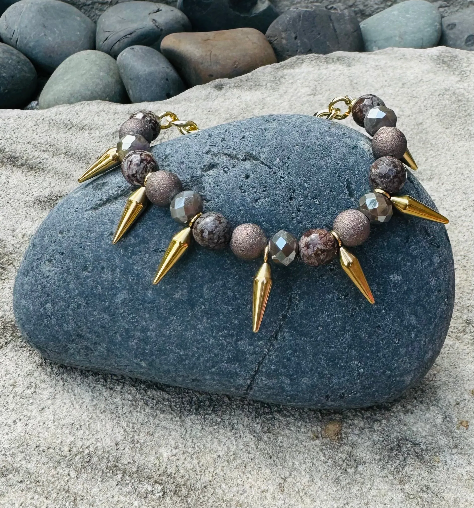 Brown Coffee Jasper Bead Long Spike Bracelet