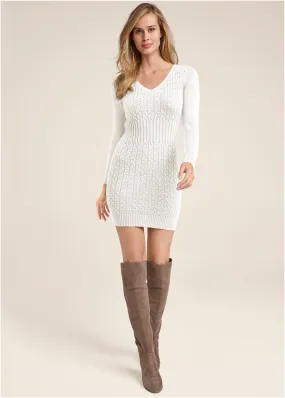 Cable Knit Sweater Dress - Cream