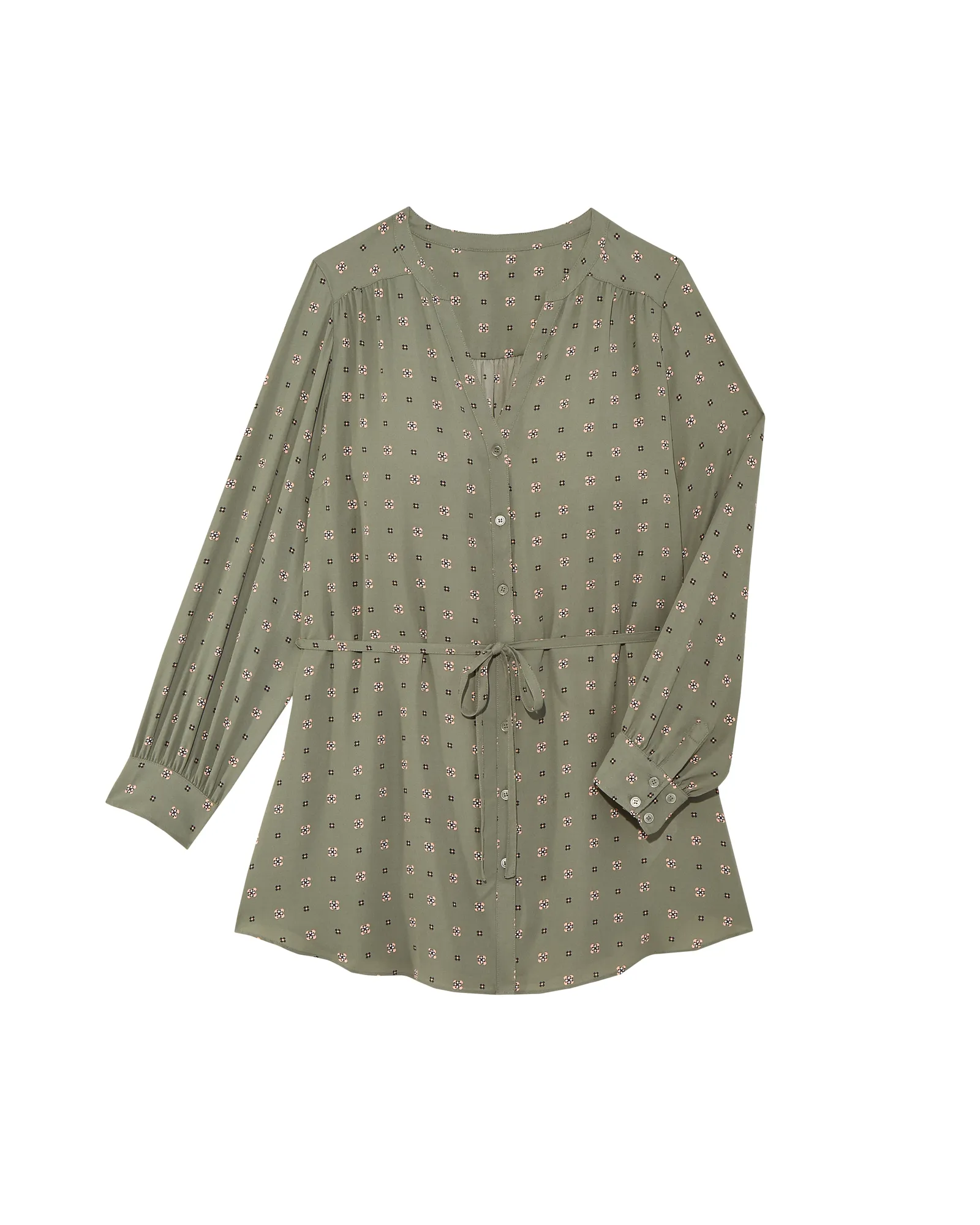 Cassandra Tie-Waist Blouse | Olive Green / Pink