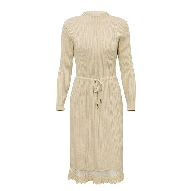 Casual Solid Slim Fit Knitted Dress Streetwear Striped Drawstring Lace Sweater Dress