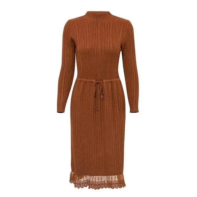 Casual Solid Slim Fit Knitted Dress Streetwear Striped Drawstring Lace Sweater Dress