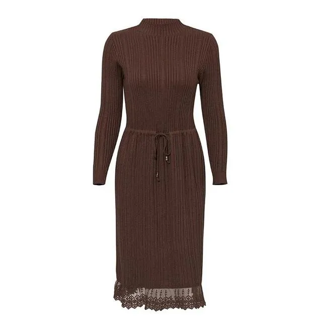 Casual Solid Slim Fit Knitted Dress Streetwear Striped Drawstring Lace Sweater Dress