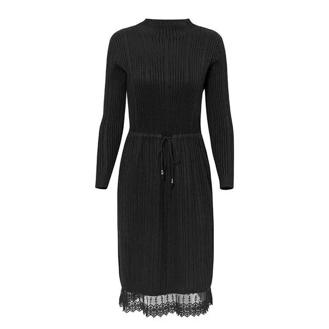 Casual Solid Slim Fit Knitted Dress Streetwear Striped Drawstring Lace Sweater Dress