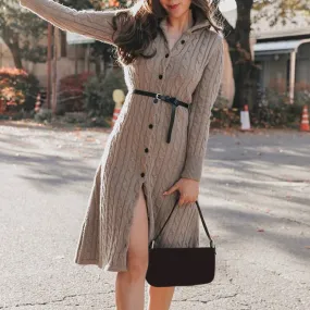 Casual Stand Collar Knitted Autumn Winter Long Sleeve Button High Street Style Sweater Dress