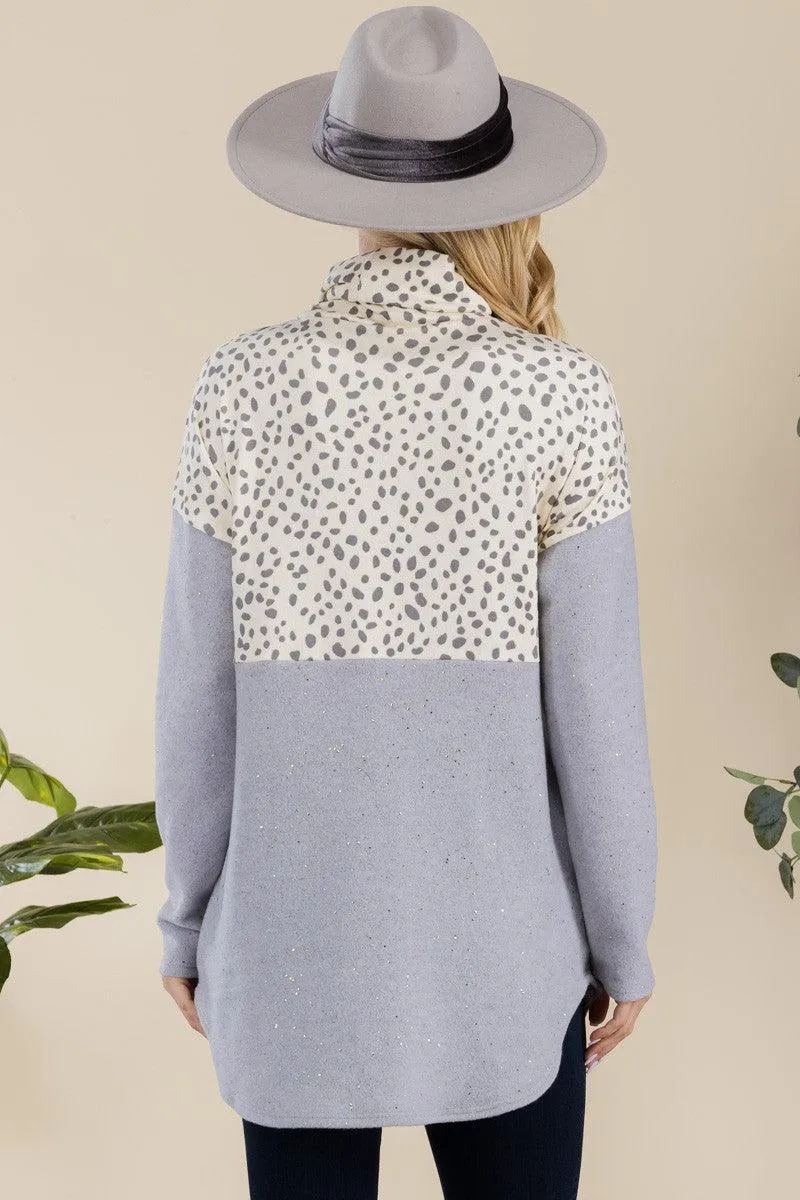 Celeste Gray Leopard Curved Hem Printed Turtleneck Long Sleeve Blouse