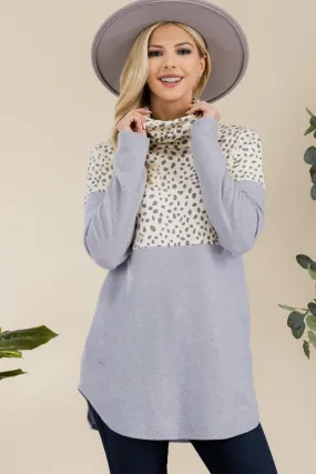 Celeste Gray Leopard Curved Hem Printed Turtleneck Long Sleeve Blouse