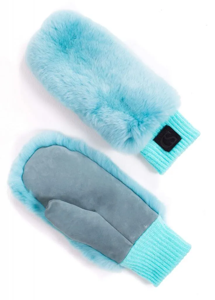 Chinchilla Fur And Leather Mittens in Blue