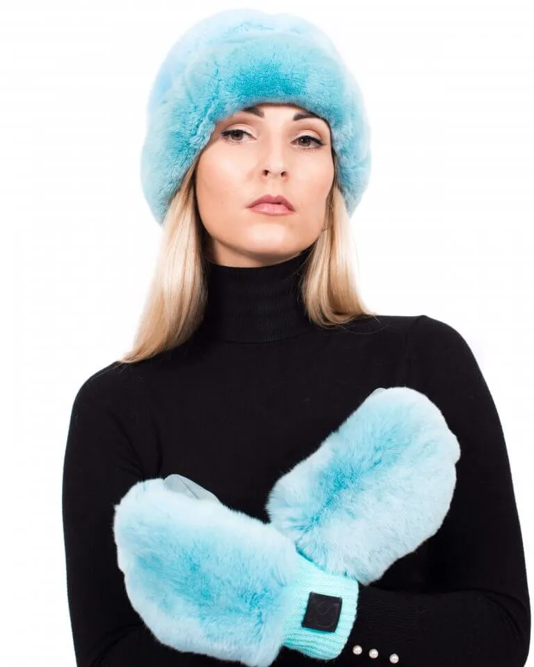 Chinchilla Fur And Leather Mittens in Blue