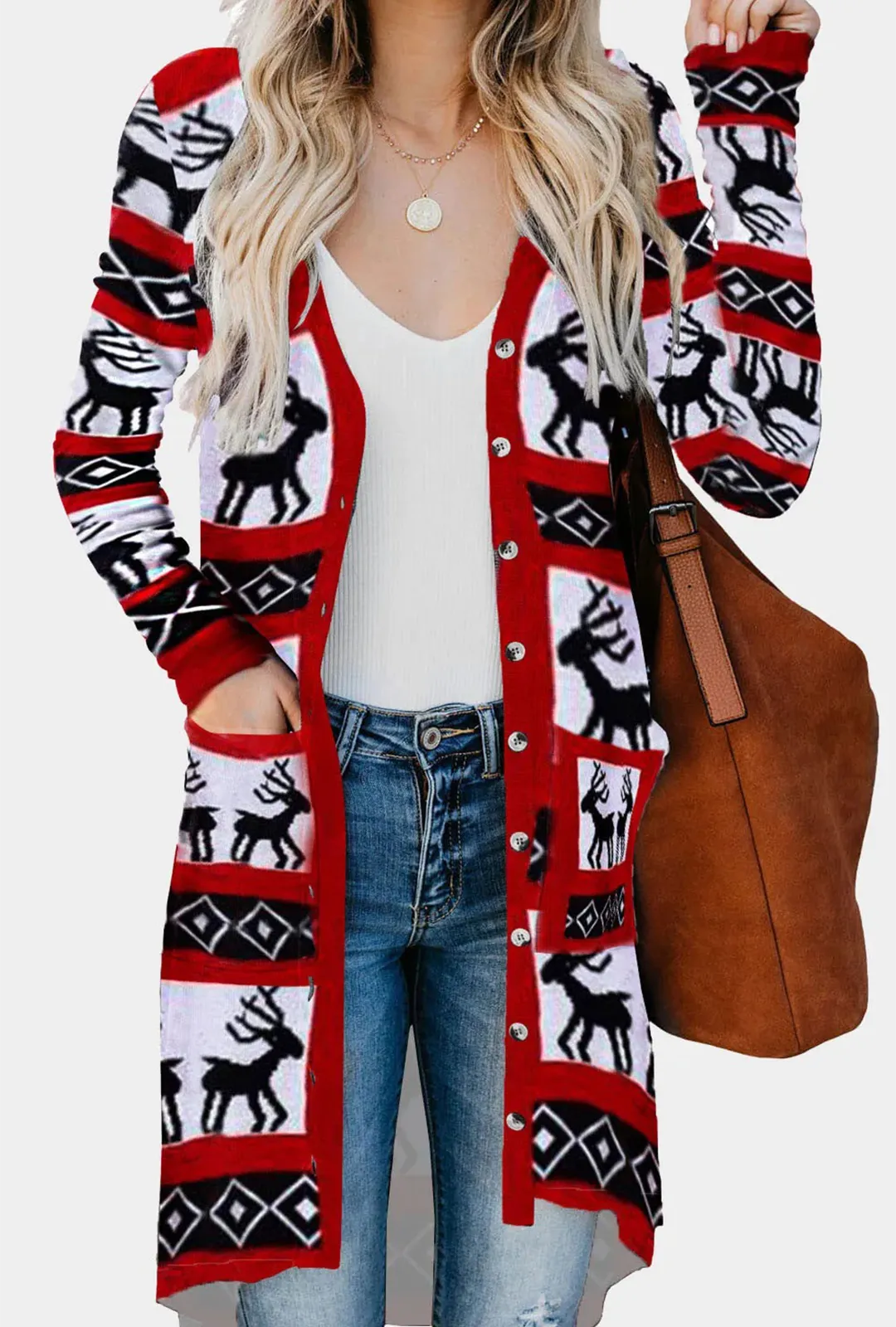 Christmas Red & White Long Cardigan