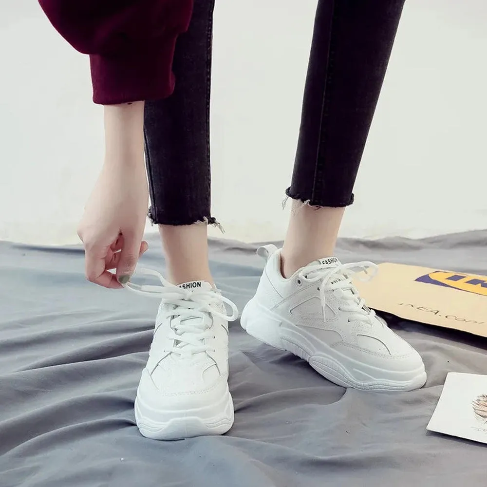 Chunkiar round toe lace-up white chunky platform sneakers