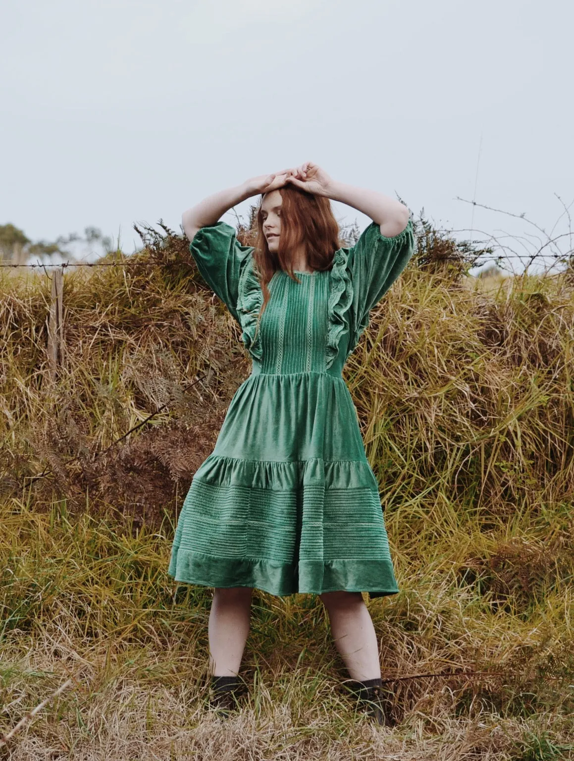 CLEMENTINE DRESS ANTIQUE GREEN VELVETEEN