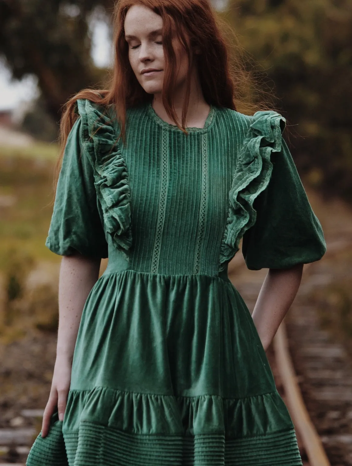 CLEMENTINE DRESS ANTIQUE GREEN VELVETEEN