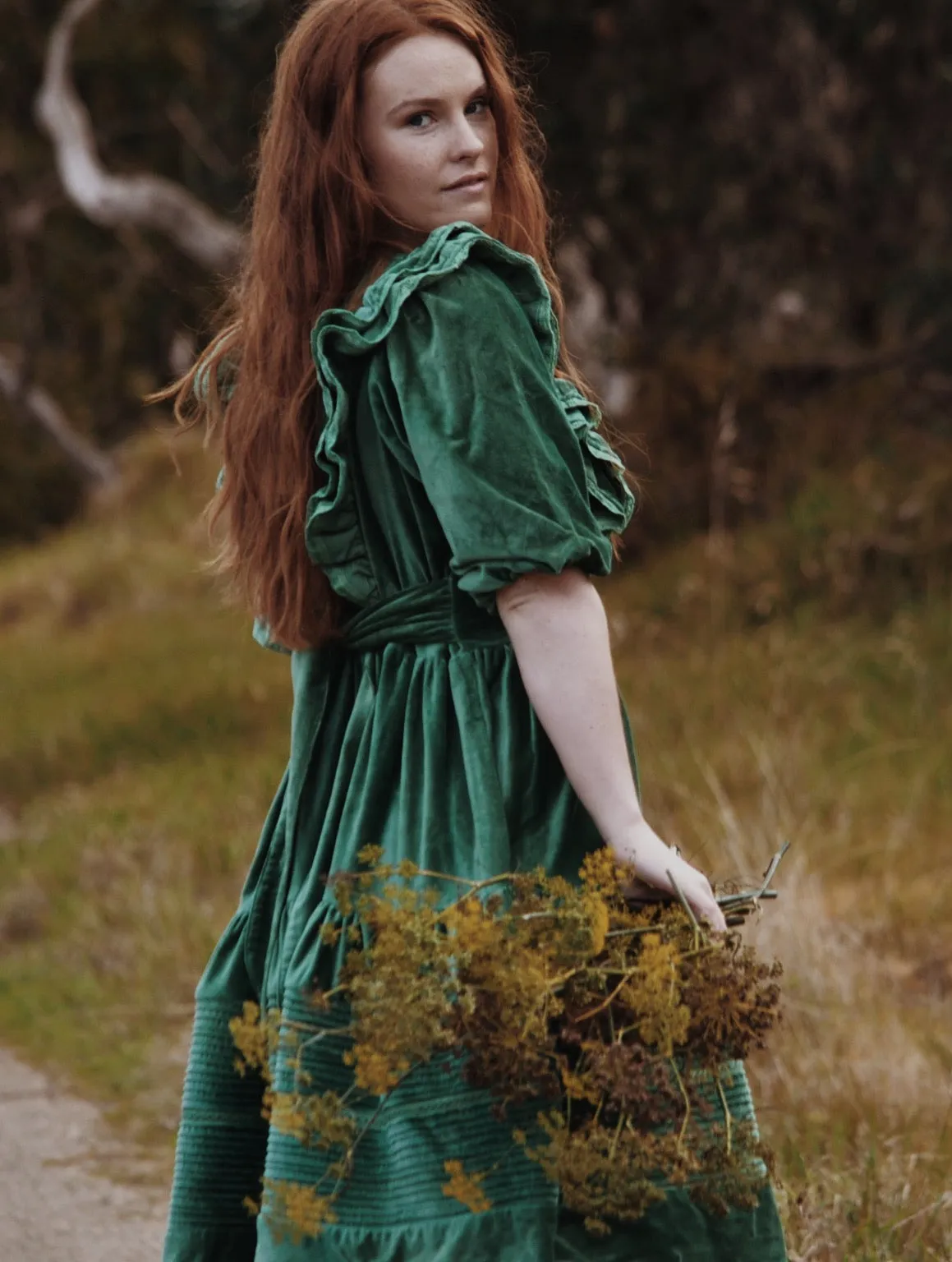 CLEMENTINE DRESS ANTIQUE GREEN VELVETEEN