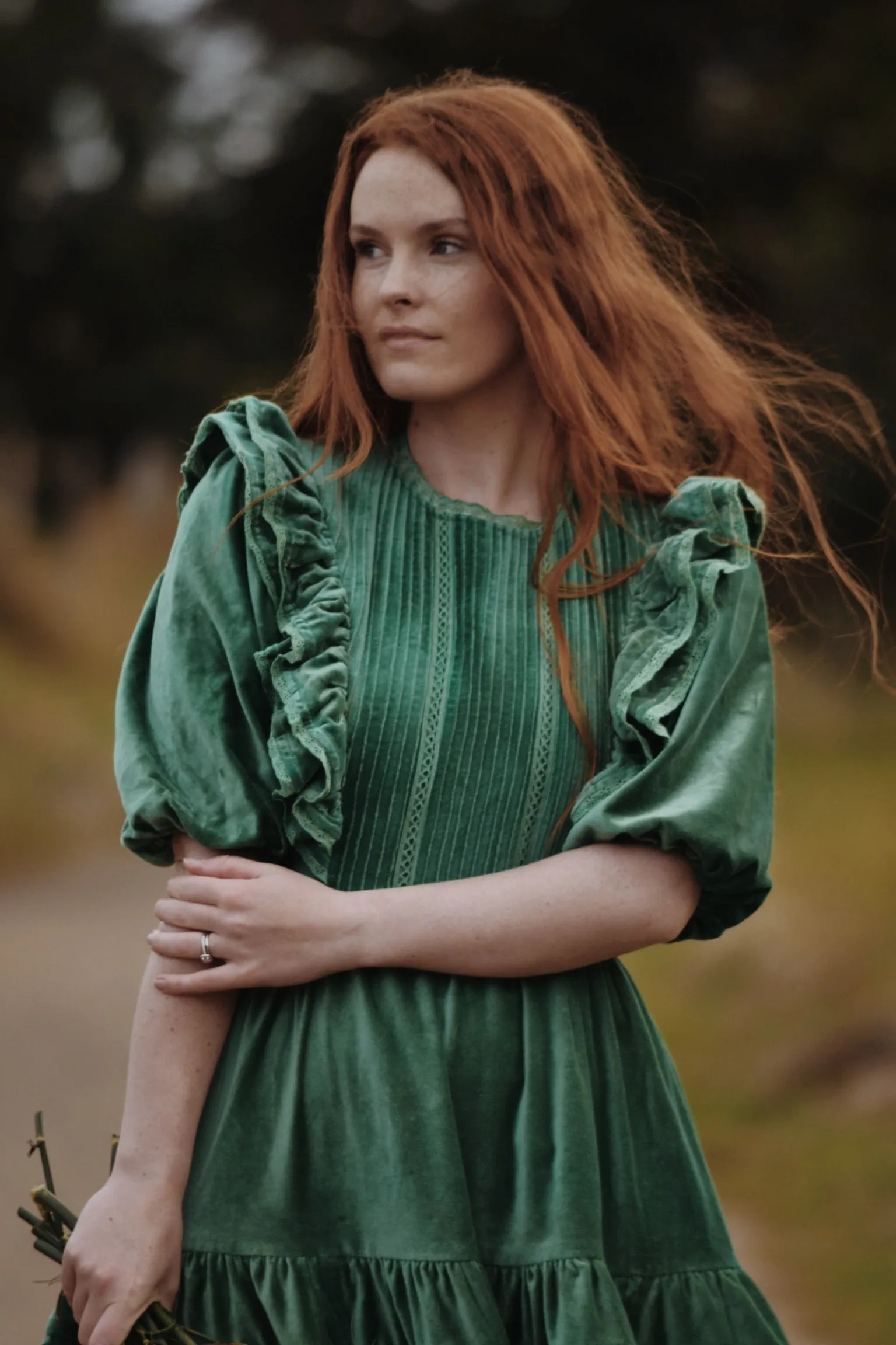 CLEMENTINE DRESS ANTIQUE GREEN VELVETEEN