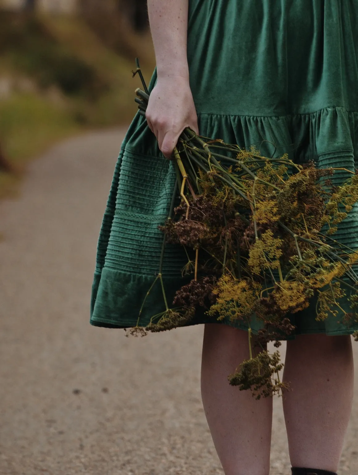 CLEMENTINE DRESS ANTIQUE GREEN VELVETEEN