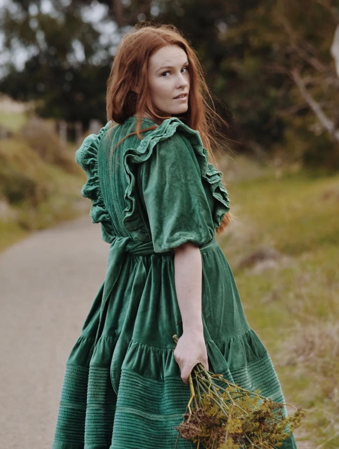 CLEMENTINE DRESS ANTIQUE GREEN VELVETEEN