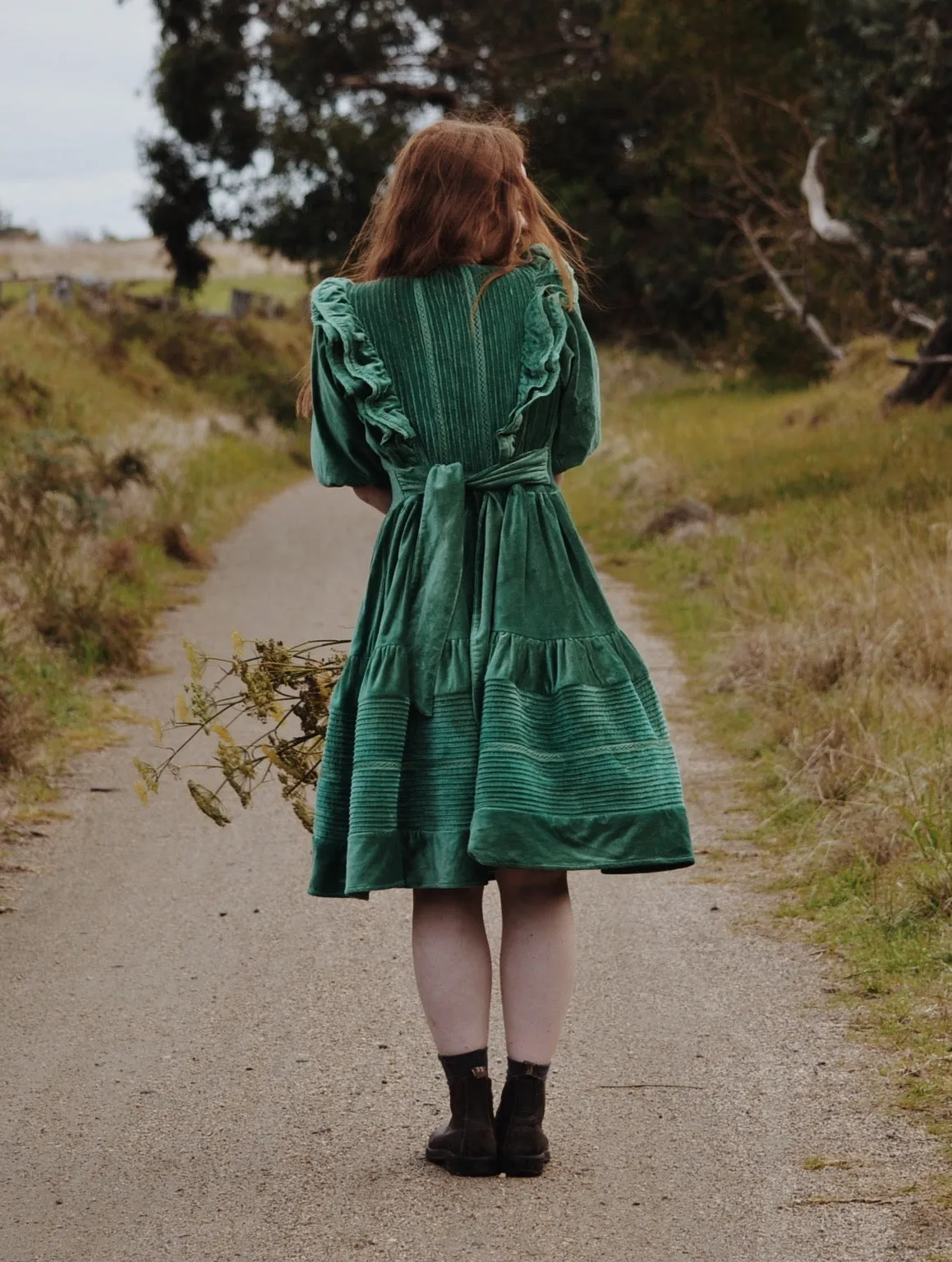 CLEMENTINE DRESS ANTIQUE GREEN VELVETEEN