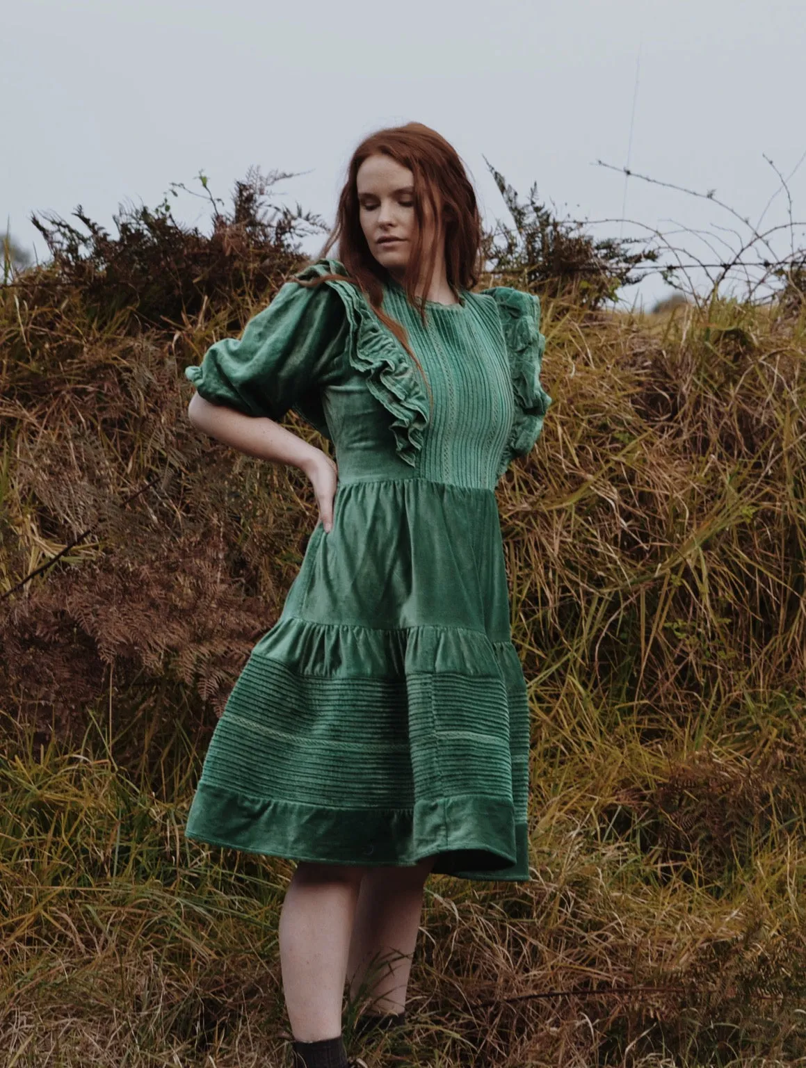 CLEMENTINE DRESS ANTIQUE GREEN VELVETEEN