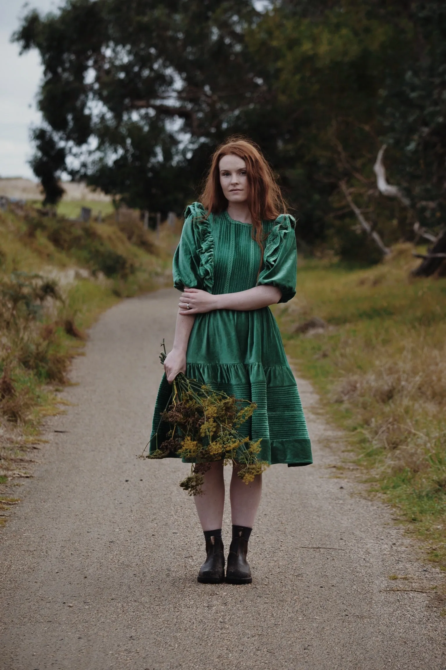 CLEMENTINE DRESS ANTIQUE GREEN VELVETEEN